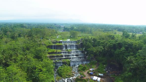 Aerial view Grojogan Watu purbo waterfall is very beautiful located Sleman, Yogyakarta, Indonesia alt