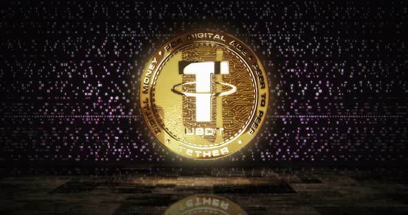 Tether USDT stablecoin cryptocurrency golden coin loop on digital screen alt