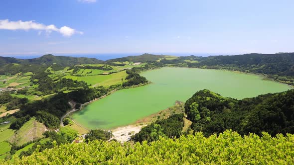 Panorama of Furnas lake Azores Portugal  alt
