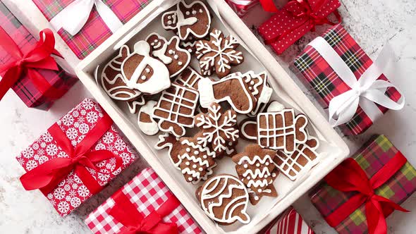 Delicious Fresh Christmas Decorated Gingerbread Cookies Placed in Wooden Crate alt