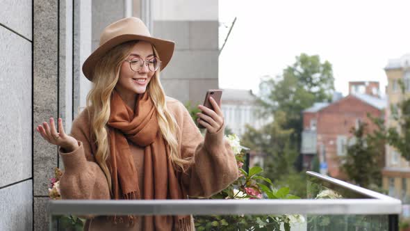 Attractive Young Woman Answers Video Call Outdoors Smart Girl Enthusiastically Communicate Online alt
