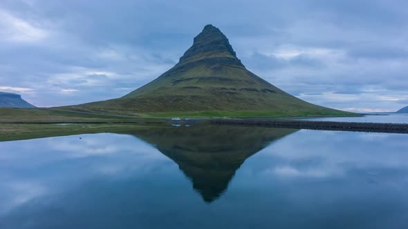 Kirkjufell Mountain and Reflection in Lake. Iceland. Aerial View alt