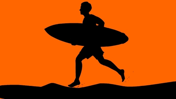 Man Running With Surfing Board On Beach