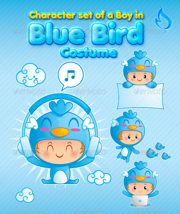 Character Set of a Boy in Blue Bird Costume - Characters Vectors