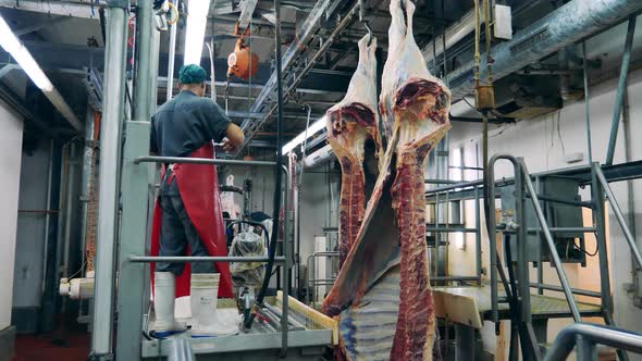 Food Factory, Fresh Meat Processing Plant. Male Worker Is Using a Knife To Dress Fresh Meat alt