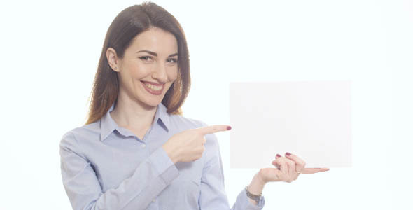 Showing Blank Paper with Finger and Smiling alt