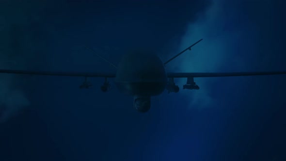 Military predator drone flying at night. Armed intelligent unmanned vehicle.