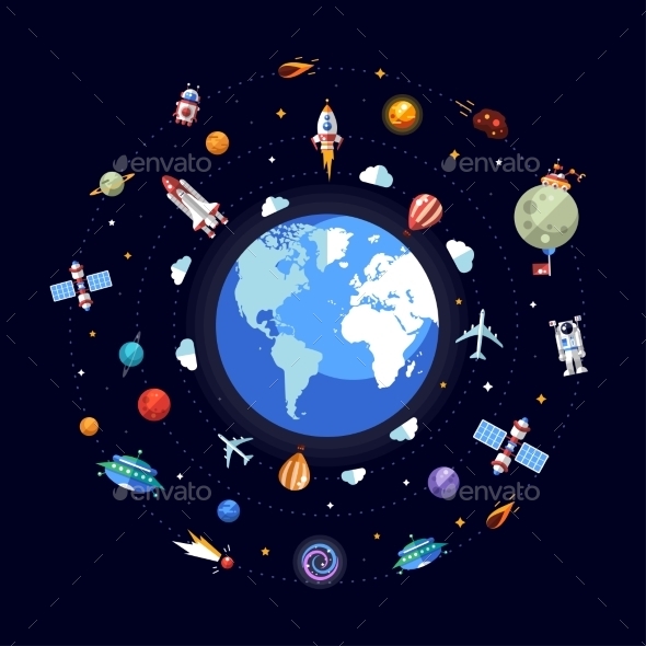 Flat Design Illustration of Earth with Space Icons