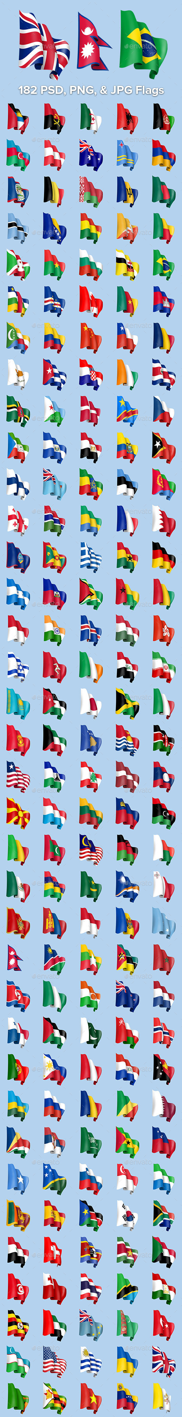 189 Waving Country Flags - Objects Illustrations