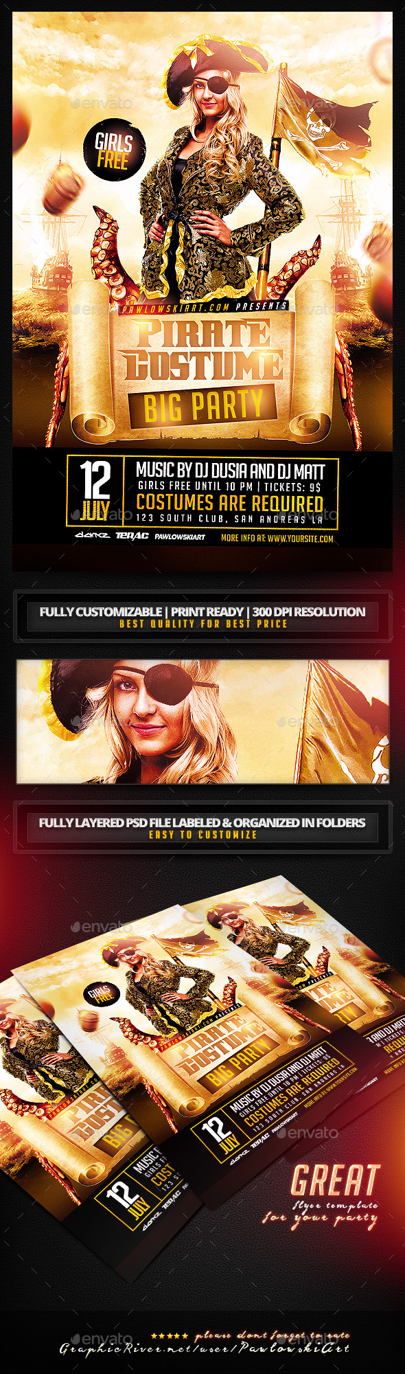 Pirate Costume Party PSD Flyer Template - Clubs & Parties Events