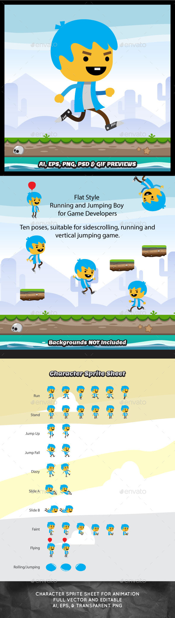 Flat Style Running and Jumping Boy Sprite Sheets - Sprites Game Assets