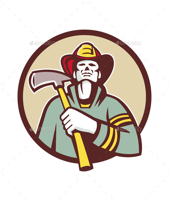 Fireman Firefighter Holding Fire Axe Circle - People Characters