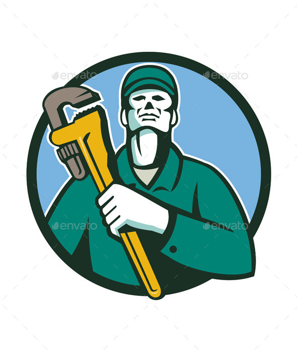 Plumber Holding Wrench Retro Circle - People Characters