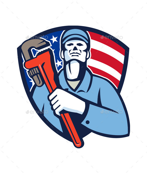 Plumber Holding Wrench USA Flag Shield - People Characters