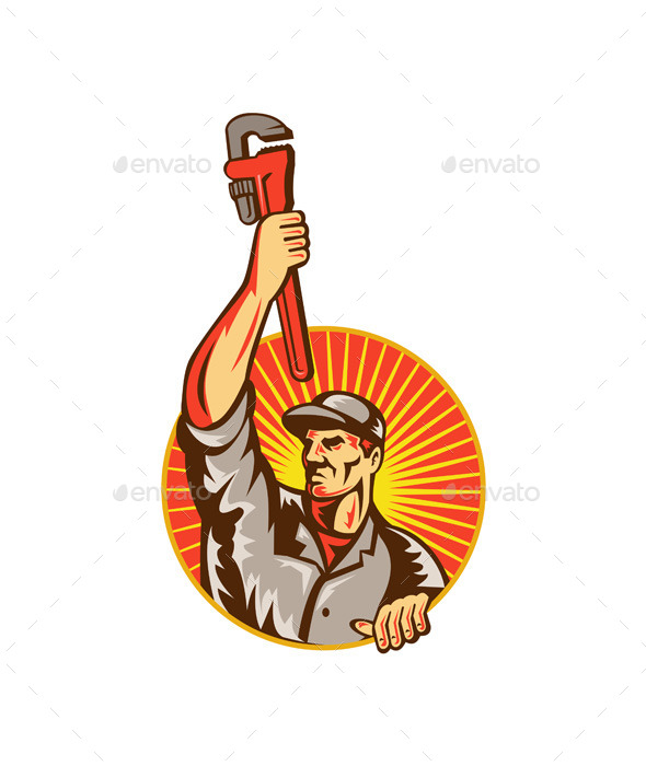 Plumber Raising up Monkey Wrench Circle - People Characters