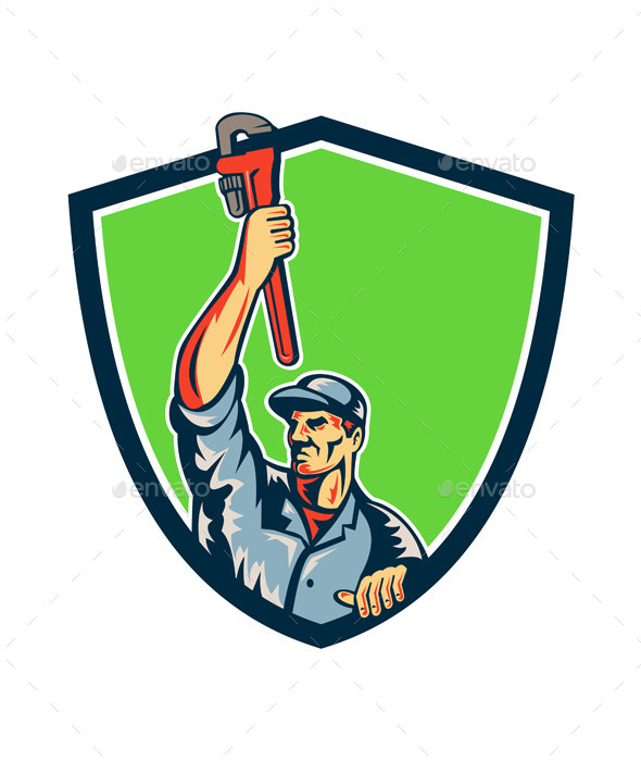 Plumber Raising up Monkey Wrench Shield - People Characters