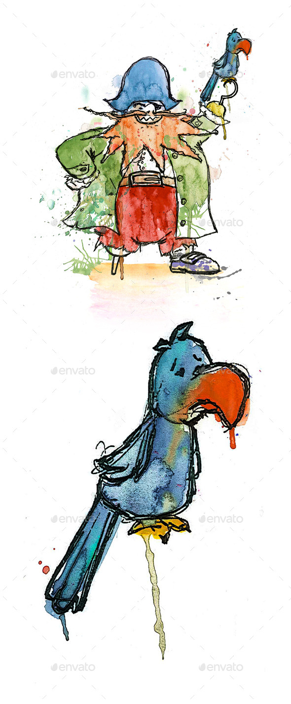Pirate and Parrot Sketch in Watercolour - Characters Illustrations