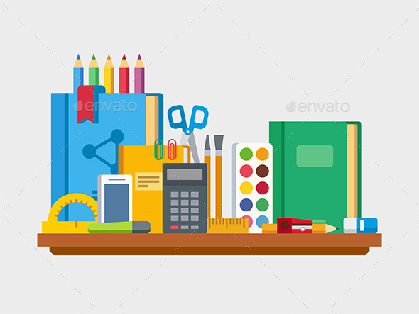School Education Items On Table - Objects Vectors