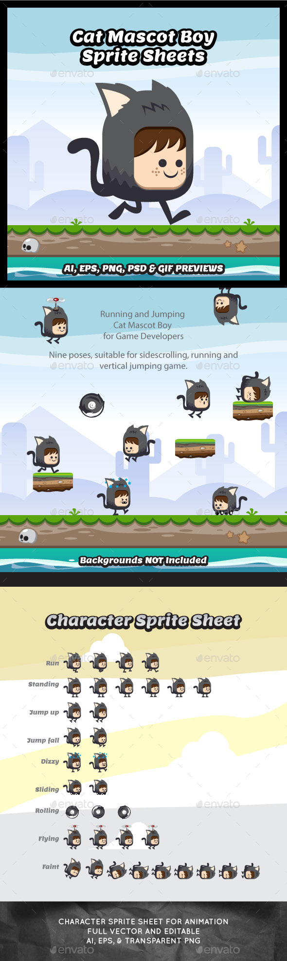 Cat Mascot Boy Game Character Sprite Sheets - Sprites Game Assets