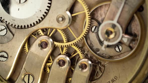 Vintage Pocket Old Clock Mechanism Working. Close Up. Time Lapse alt
