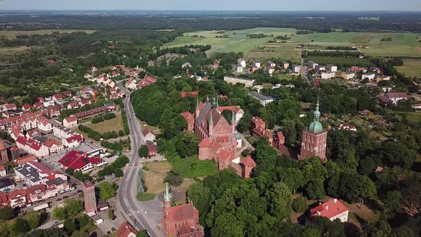 Aerial: The Castle of Frombork in Poland, summer time alt