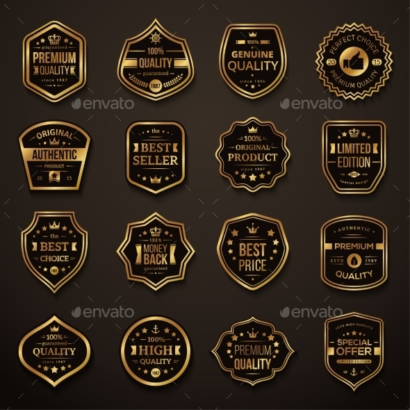 Set of Retro Gold and Black Quality Badges - Decorative Symbols Decorative