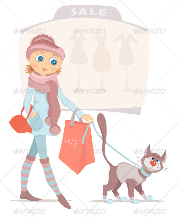 Shopping Woman With Bag And Smiling Cat On Sale