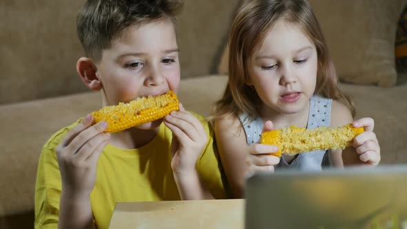 Teenage Brother and Sister Eat Boiled Sweet Corn in Front of a Laptop Screen