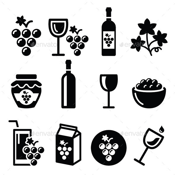 Grapes and Wine Icon Set - Food Objects