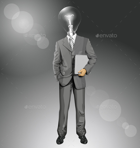 Vector Lamp Head Businessman With Laptop - People Characters