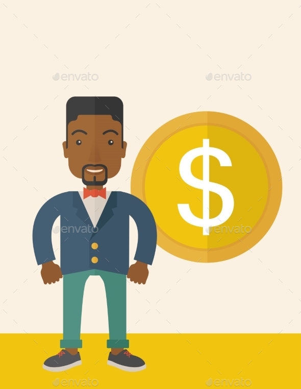 Businessman Standing with a Big Dollar Coin - Concepts Business