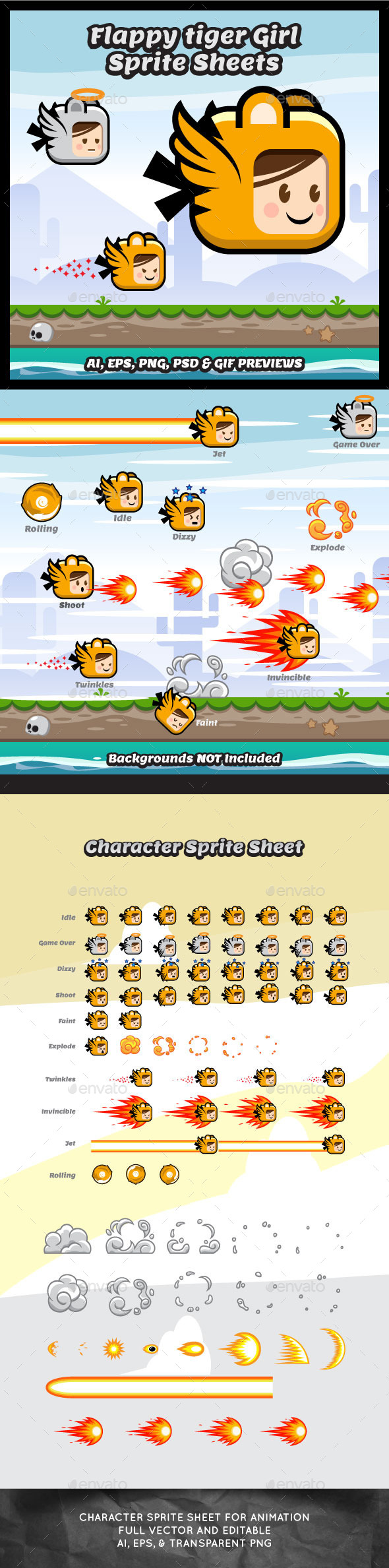 Flappy Tiger Girl Game Character Sprite Sheets - Sprites Game Assets