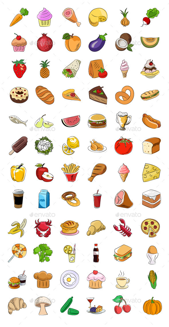 70+ Food Sketchy Colored Icons - Food Objects