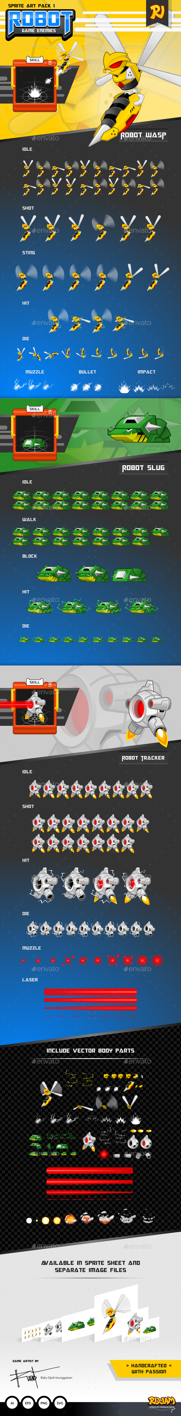 Robot Game Enemies Sprite Art Pack 1 - Sprites Game Assets