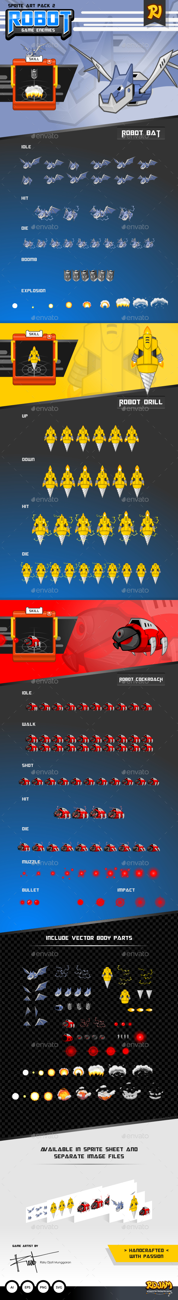 Robot Game Enemies Sprite Art Pack 2 - Sprites Game Assets