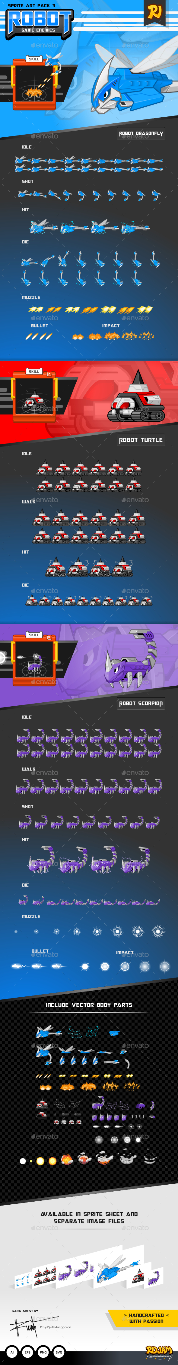 Robot Game Enemies Sprite Art Pack 3 - Sprites Game Assets