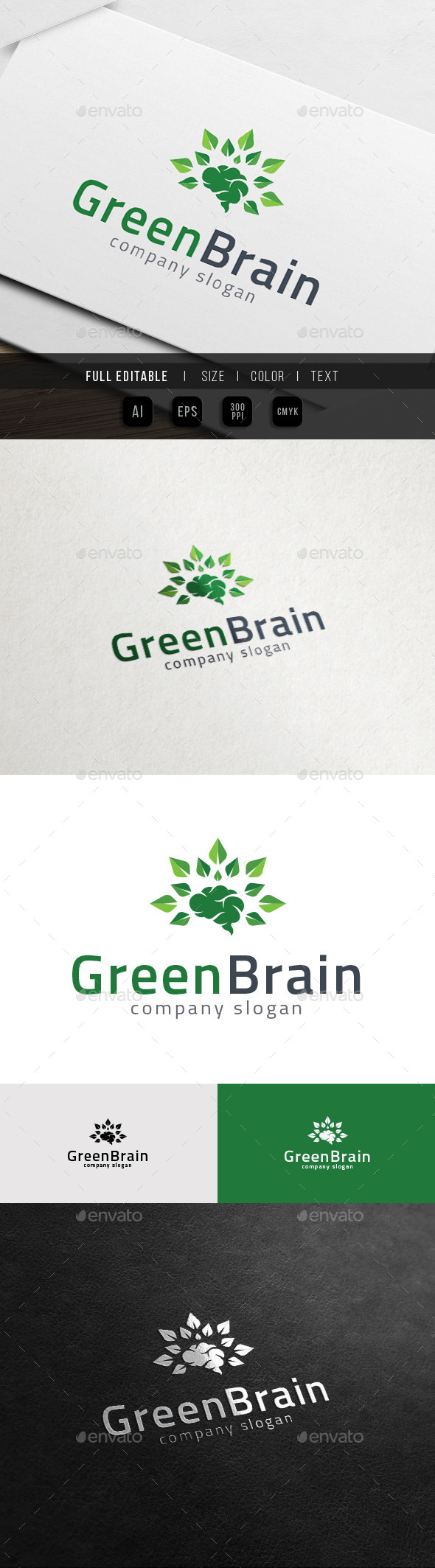 Big Thinker - Green Brain - Nature Knowledge Logo - Objects Logo Templates