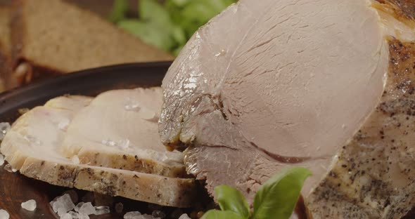 A Large Piece Of Ham Was Laid Out On A Plate. Serving A Meat Dish