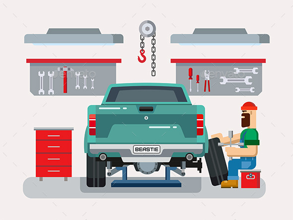 Mechanic Repairs Car in the Garage - Services Commercial / Shopping