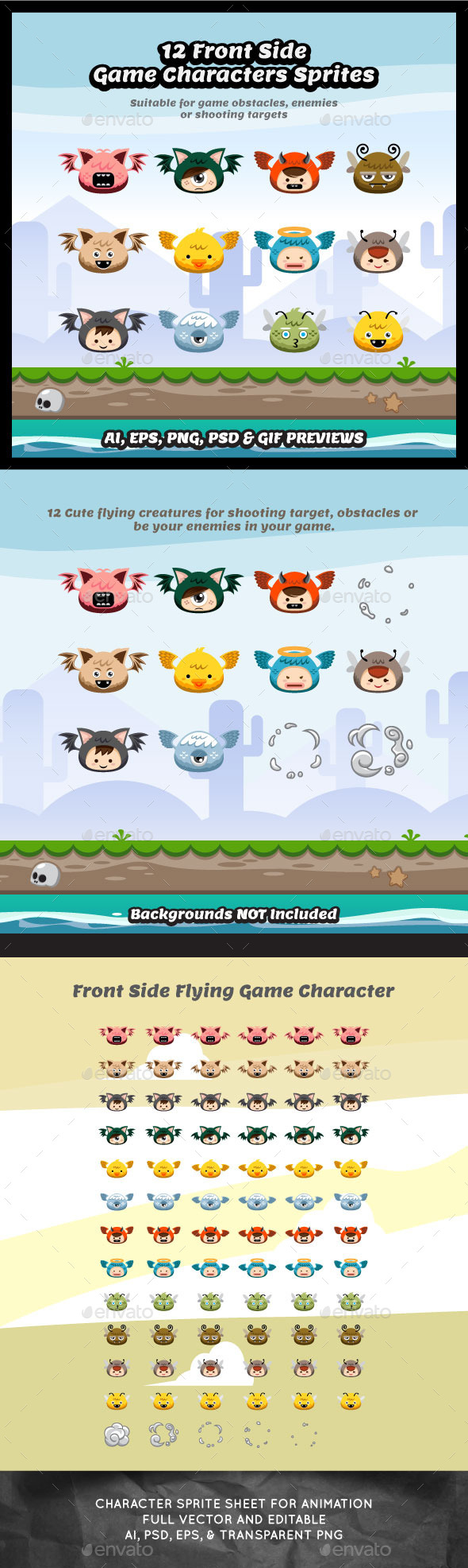 12 Front Side Flying Character Sprite Sheets - Sprites Game Assets