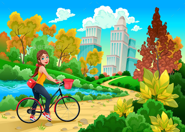 Lady on a Bike in a Urban Park - Sports/Activity Conceptual