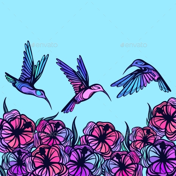 Flying Tropical Stylized Hummingbirds With Flowers - Flowers & Plants Nature