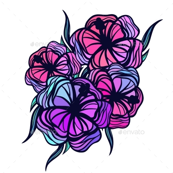 Bouquet Of Stylized Tropical Flowers On White - Flowers & Plants Nature