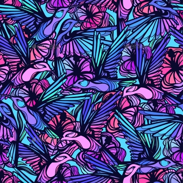 Flying Tropical Hummingbirds With Flowers Seamless - Flowers & Plants Nature