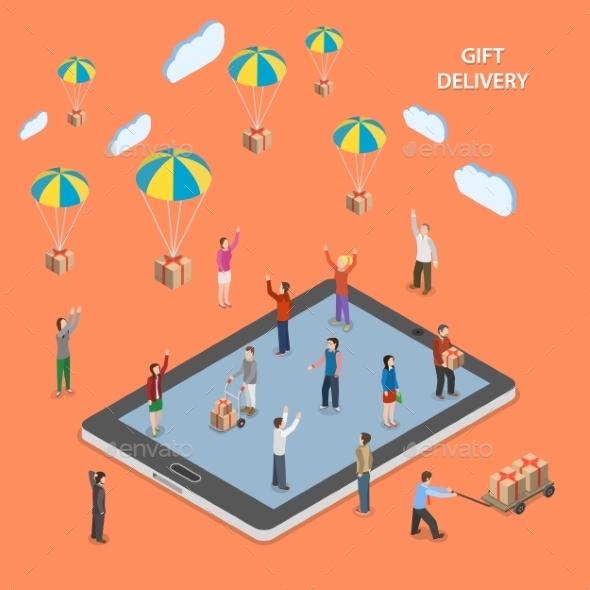 Gift Delivery Flat Isometric Vector Illustration. - Retail Commercial / Shopping