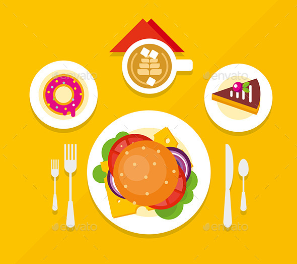 Food Objects on Table Flat Design - Food Objects