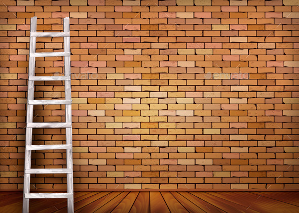 Vintage Brick Wall Background With Wooden Ladder - Backgrounds Decorative