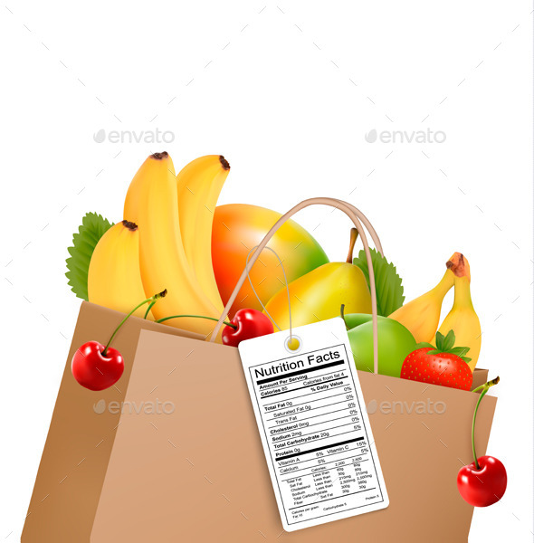 Shopping Bag With Healthy Fruit And A Nutrient - Food Objects