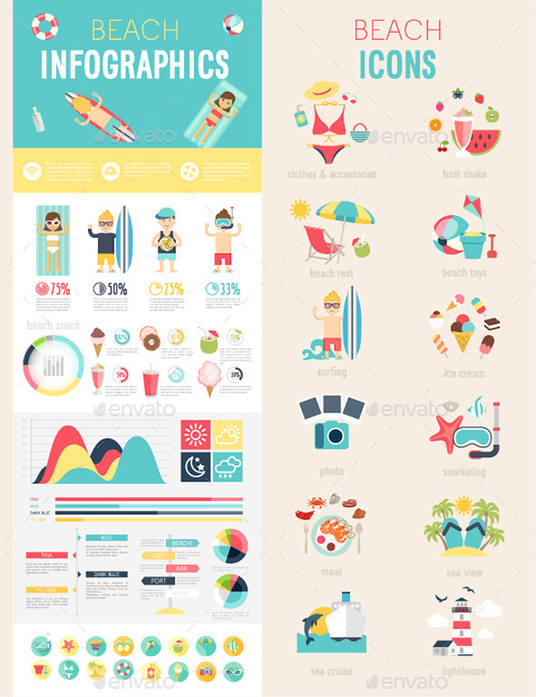 Beach Infographic Set with Charts and Icons. - Travel Conceptual