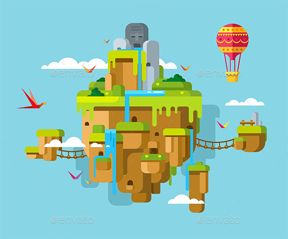Imaginary Soaring Island On a Blue Sky Background - Nature Conceptual